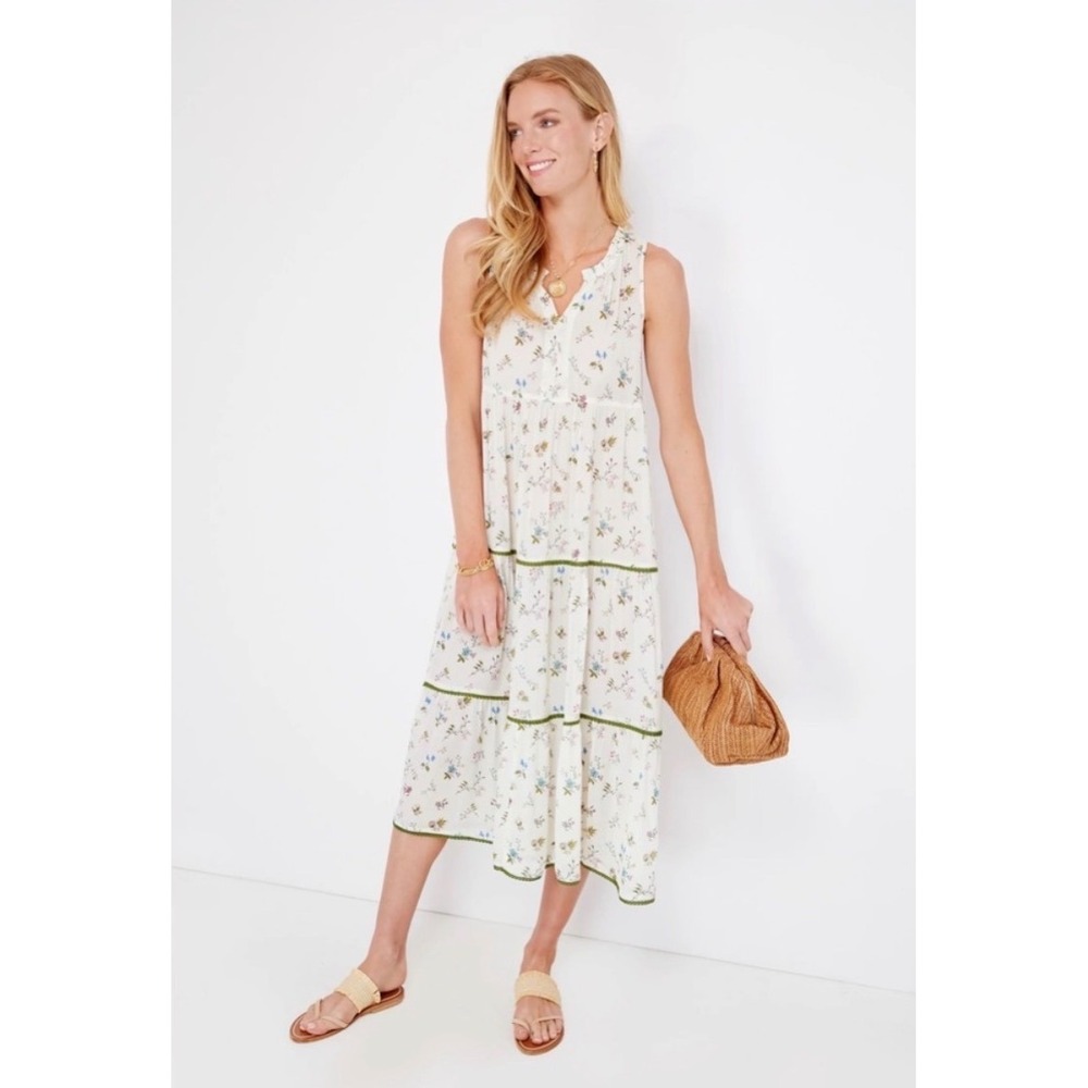 Tuckernuck‎ Womens White Floral Tiered Midi Dress Green Ric Rac Trim Size Small